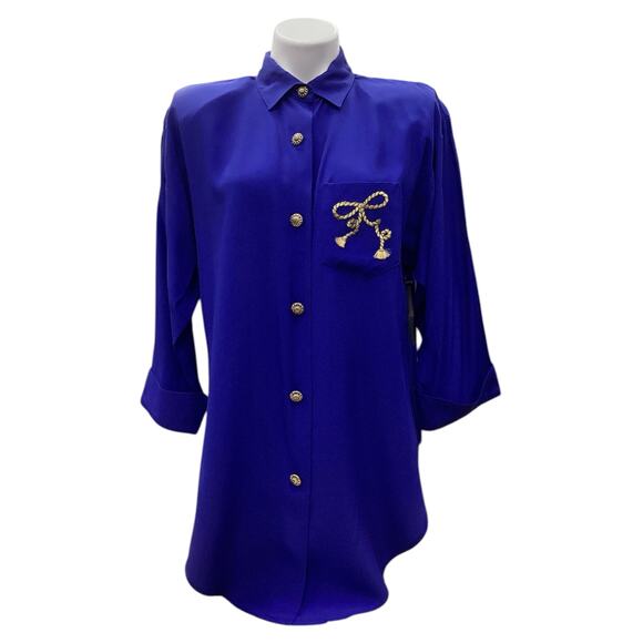 VTG R&M Richards Women’s Button Up Top/Tunic SZ M Dead Stock Gold Buttons Cobalt - Picture 1 of 4